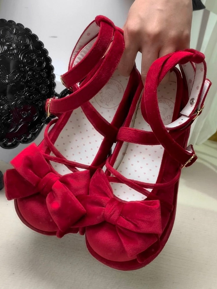 Bow - in Top Velvet Red Wine Platforms Sweet at Lolita