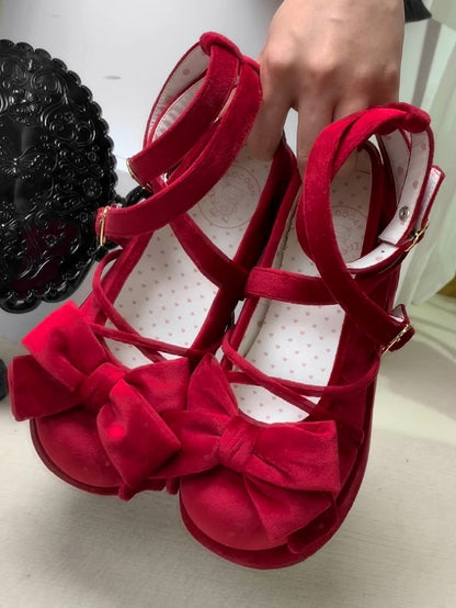 Bow - in Top Velvet Red Wine Platforms Sweet at Lolita