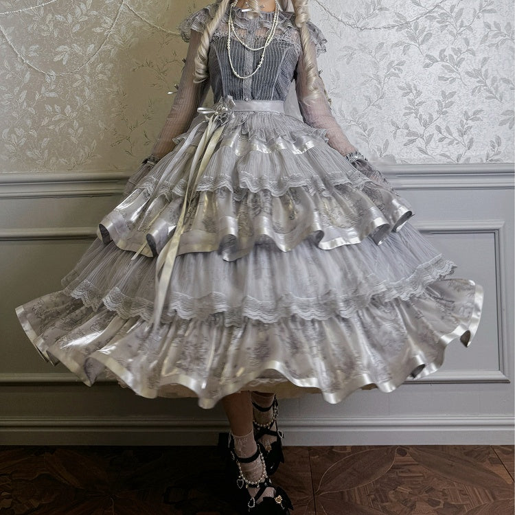 Grauer Stufenrock mit Kitty-Print, Silber und Lolita-Häschen