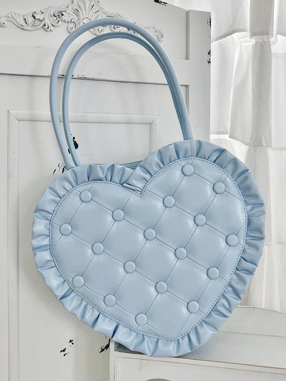 Handbag Heart-Shaped and Quilting Diamond with Blue Lolita Edges Frilly Ruffle