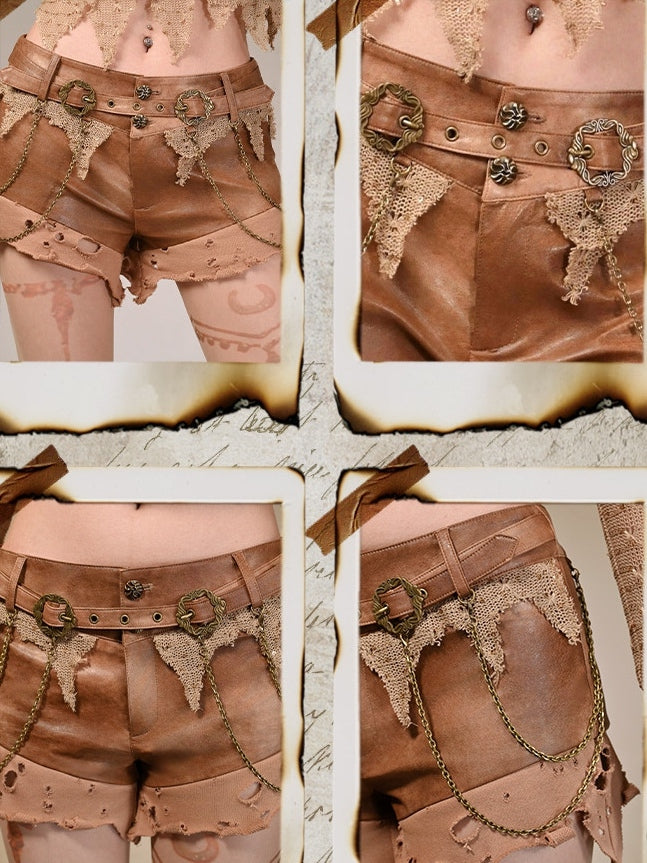 Waist Brown Distressed Low Wasteland Punk Shorts with Chain Accents