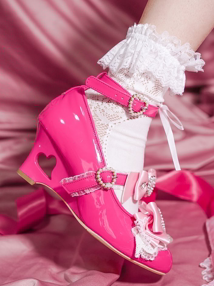 Gyaru Shoes Jirai Fashion Kei Barbie Pink Heart Wedge Heels Janes Cut-out Mary