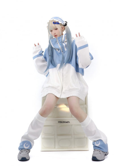 Light Blue and White Zip Up Front Jacket Long Sleeves Tenshi Kaiwai Sweatershirt
