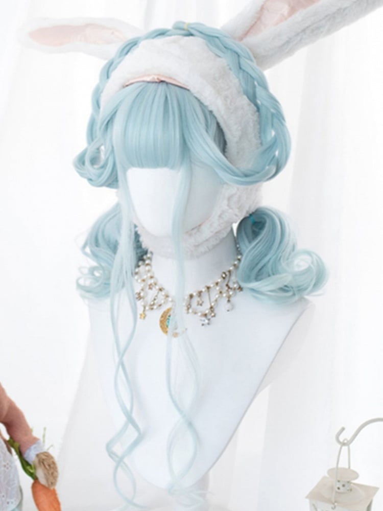 Light Blue 60CM Under Bust Length Wavy Wig With Bangs