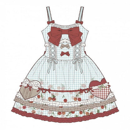 Cherry Dress Print Blue Lolita Sweet Jumper Skirt Red Gingham