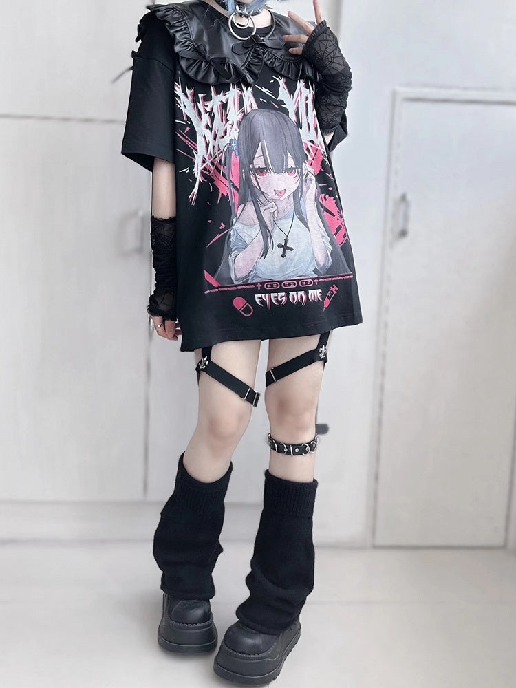 Jirai Kei Black Anime Girl Yami Kawaii T-shirt with Fake Collar Set