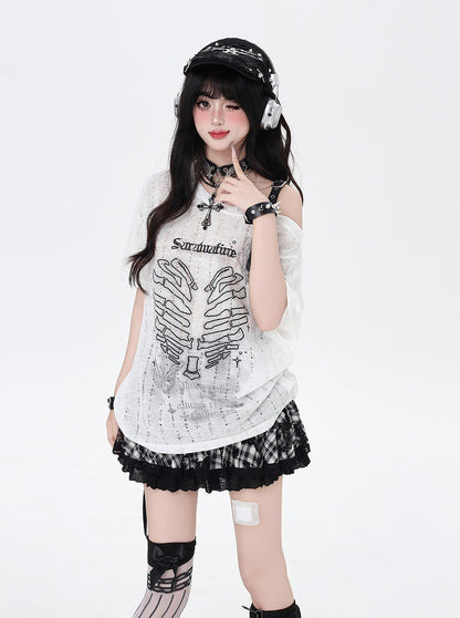 Y2K Asymmetrical Neckline Skeleton Heart Print Black/Gray/White T-Shirt