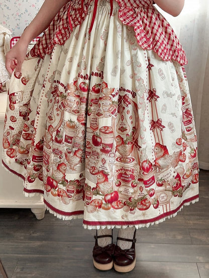 Rotes Country Lolita-Kurzkleid mit karierten Ärmeln und Muster und Aufdruck „Dosentomatoes“
