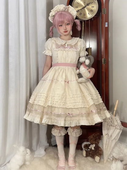 Lolita Pink Beige Peter Dress Cotton Bow and Collar Accents Pan