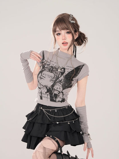 Character Print and Matching Fingerless Gray Mock Neck T-shirt with Manga Gloves
