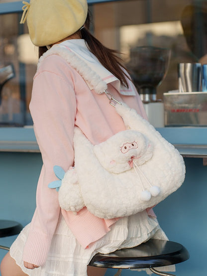 White Cute Little Lamb Plush Shoulder Bag With Pompons