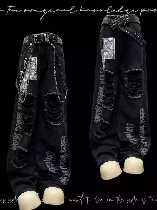 Black Punk Print Dragon Holes Hem Jeans Distressed Appliques Raw