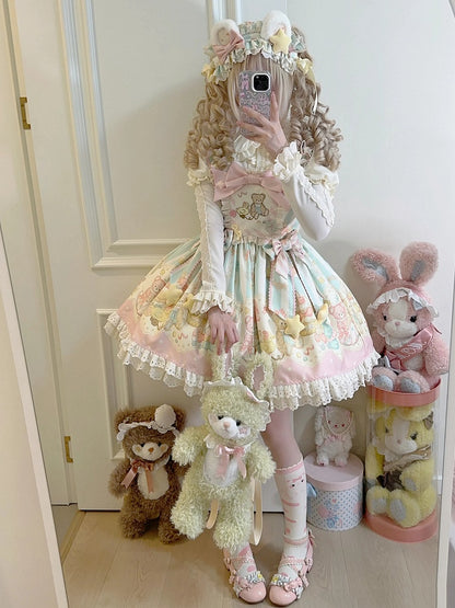 Pink and Green Teddy Print Sweet Lolita Jumper Skirt