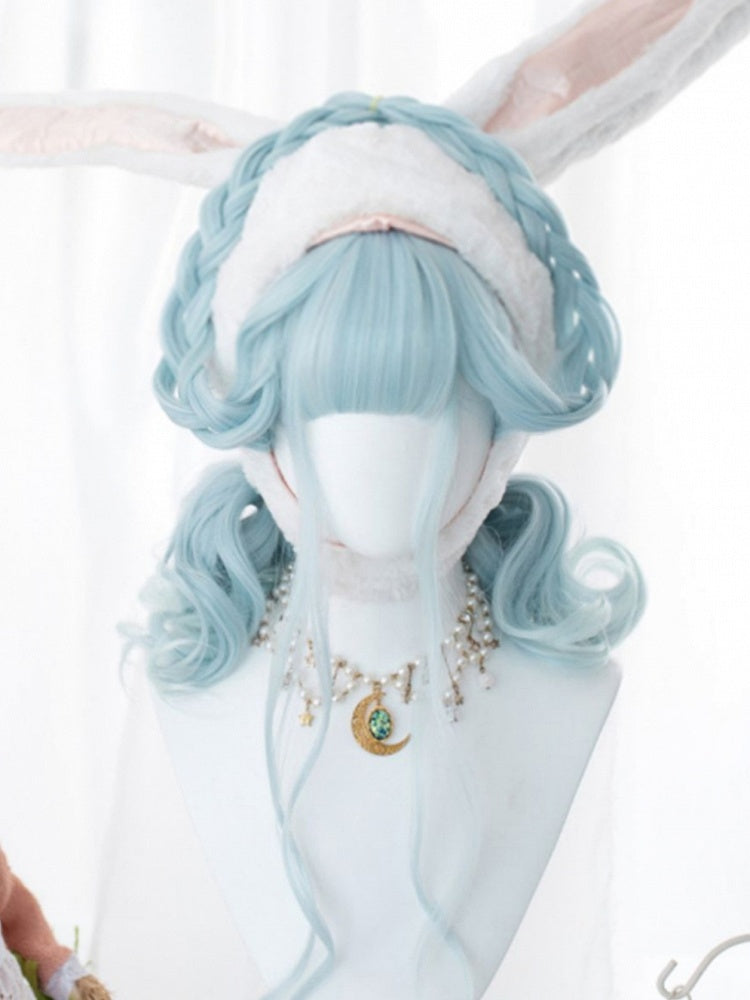 Light Blue 60CM Under Bust Length Wavy Wig With Bangs