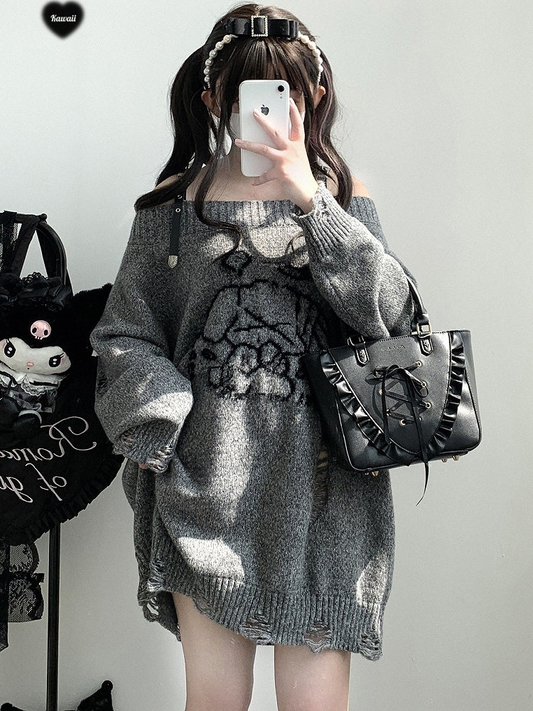 Jirai Kei Grey Angel Puppy Graphic Distressed Holes Landmine Loose Sweater