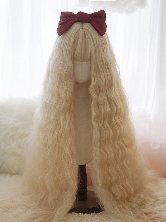 Light Blonde Long Curly Wig With Full Bangs