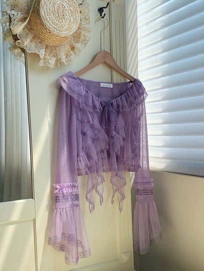 Long Sleeves Ruffle Sheer Top Cascading Dotted Purple Trim Tulle