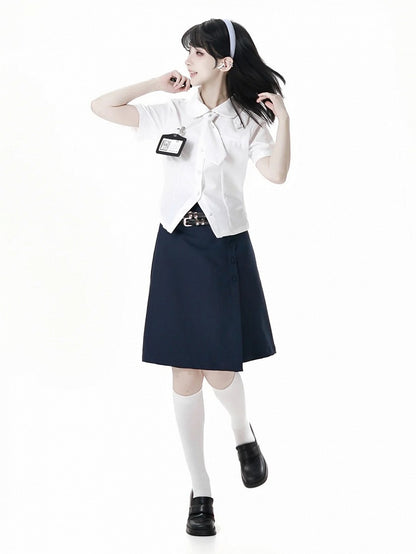White Peter Pan Collar Short Sleeve Shirt Tie and Holder Card with