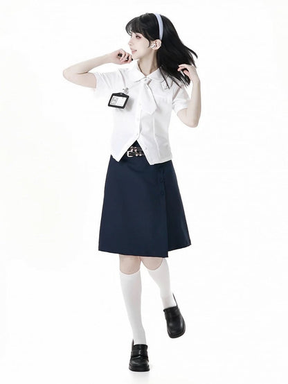 Uniform Navy Blue JK Knee-length Skirt with Double Buckle Belt