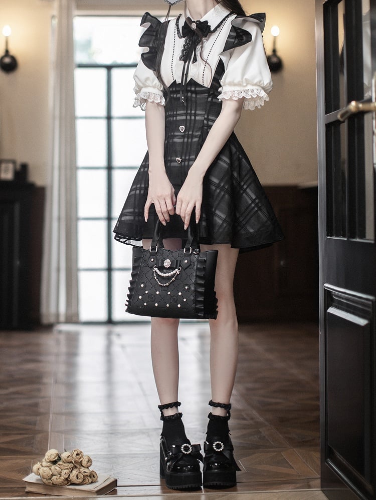 with Flutter Sleeves Waist Black Plaid Overall Dress Short Version Jirai Kei High