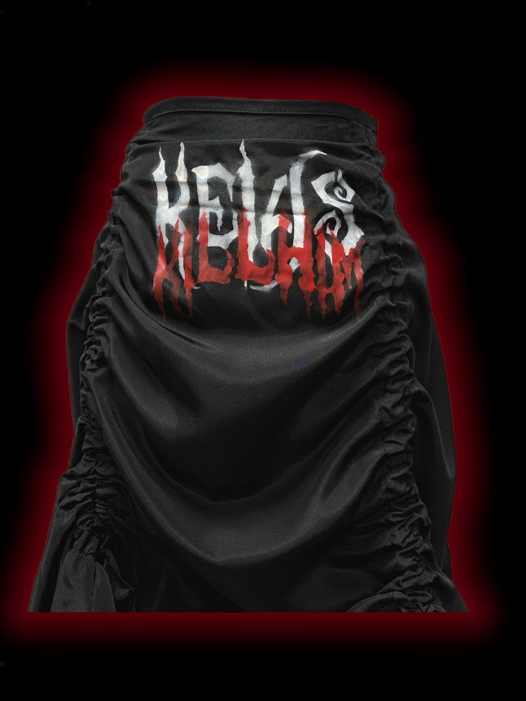 Gothic Black Letters Print Ruched High-low Punk Skirt with Free Cross Charms Waist Chain
