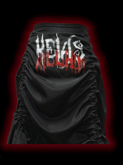 Gothic Black Letters Print Ruched High-low Punk Skirt with Free Cross Charms Waist Chain