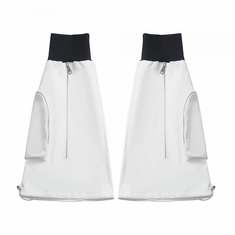 Zipper Black and Techwear Flared Leg Warmers White Drawstring Cuffs Detail