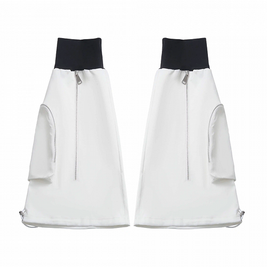 Zipper Black and Techwear Flared Leg Warmers White Drawstring Cuffs Detail