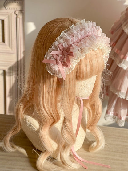 Bows Lolita Hairband Delicate Adorned Pink Ruffled and Lace Sweet with