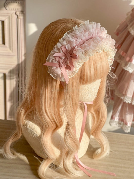 Bows Lolita Hairband Delicate Adorned Pink Ruffled and Lace Sweet with