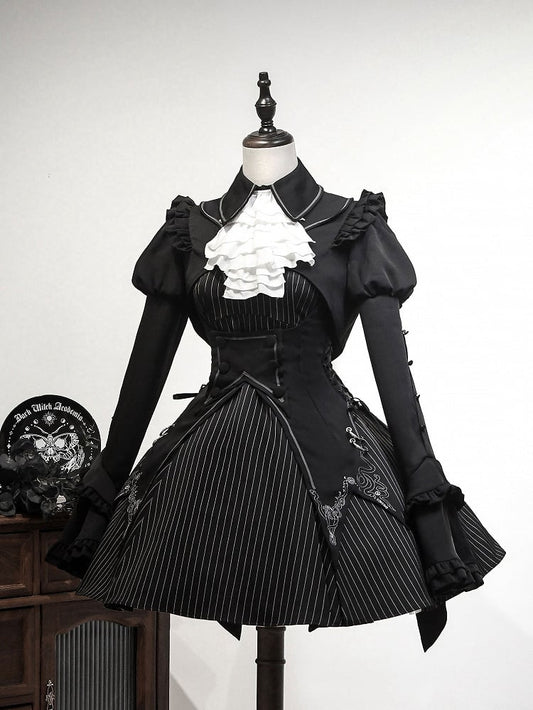 Ensemble complet robe lolita à rayures noires + gilet + haut court