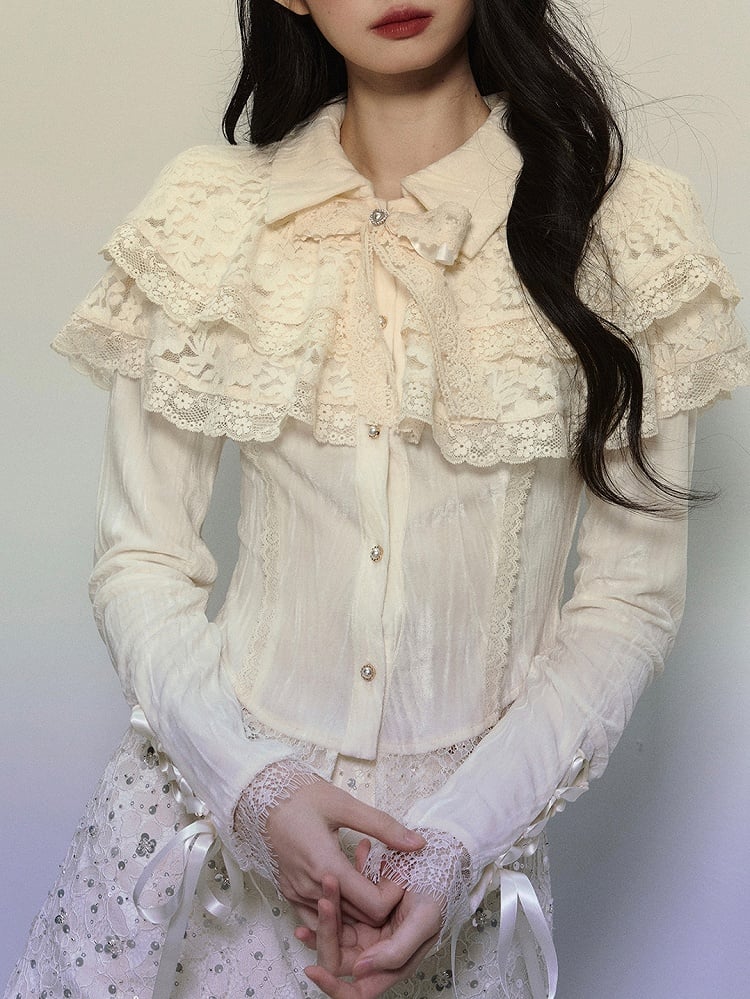 Apricot Lace Shawl Cropped Shirt Lace-up Detail Sleeves