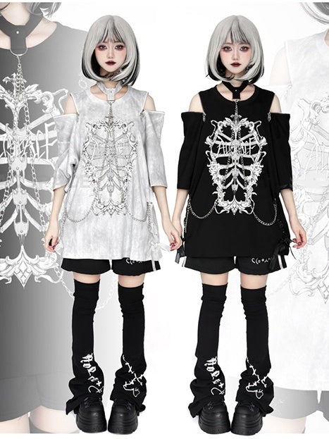 Choker T-Shirt Ribcage Gothic Shoulder Chain Coffin Print with Zip Detachable Convertible Black