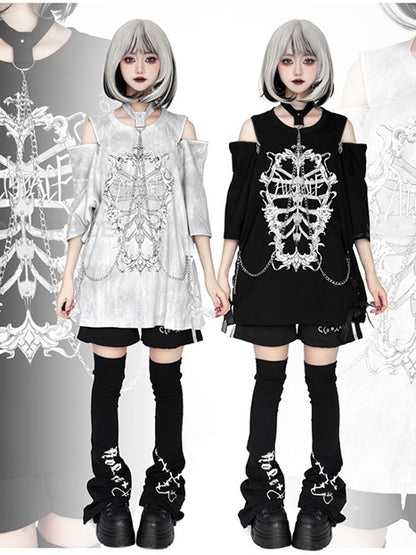Choker T-Shirt Ribcage Gothic Shoulder Chain Coffin Print with Zip Detachable Convertible Black