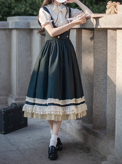 Green Overall Dress in High Waist Style Dark Preppy with Beige Lace Trim