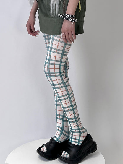 White&Green/Purple Y2K Plaid Tights