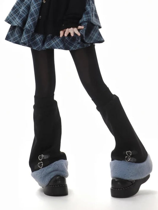 Blue&Black Plush Trim Leg Warmers with Buckle