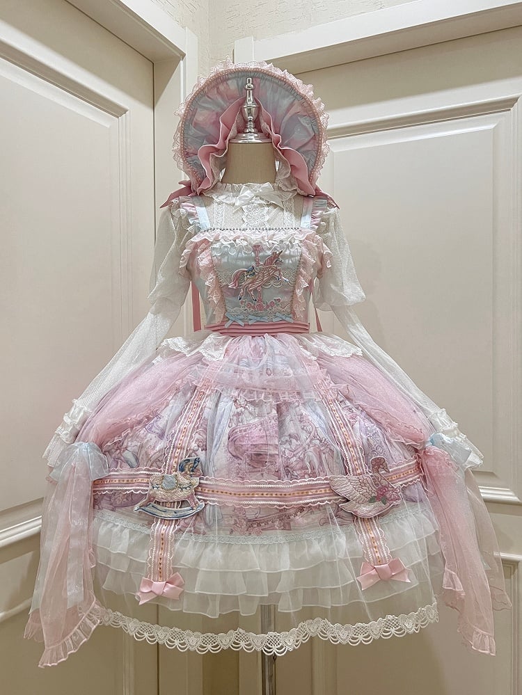 Pink and Blue Curtain Tulle Overlay Flying Horse Skirt Lolita Jumper Skirt