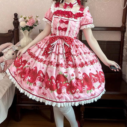 Set Strawberry Dress Sweet Lolita Short Sleeves Full Print Pink