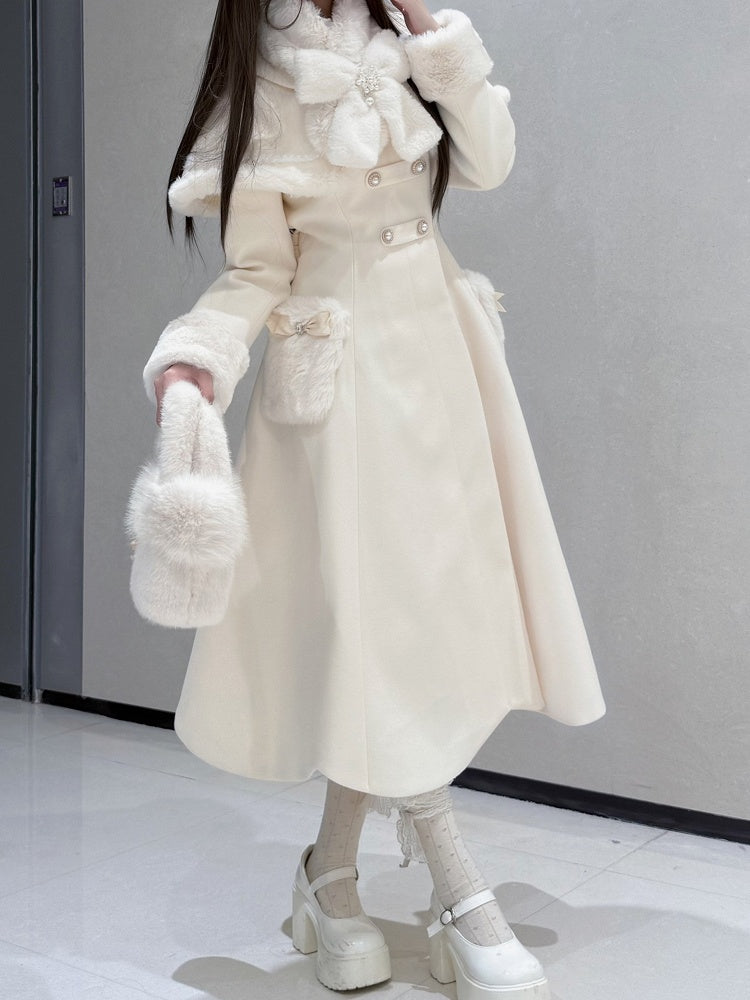 Apricot Cape Scalloped Edge Trim Lolita Coat with Plush Bowknot Scarf