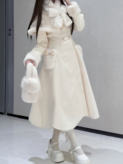 Apricot Cape Scalloped Edge Trim Lolita Coat with Plush Bowknot Scarf