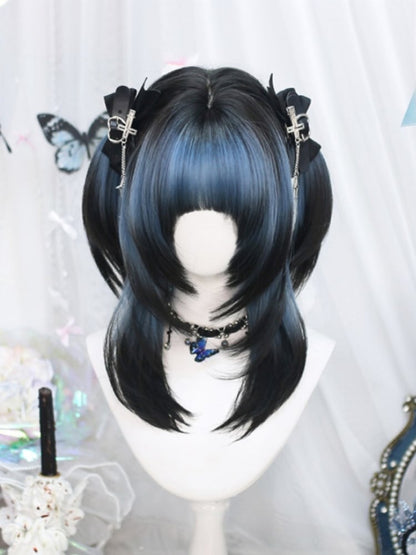 Blue and Black Ombre Above Bust Length Wig with Full Bangs