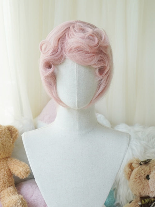White/Pink Bob Cut Short Wig With Curly Bangs