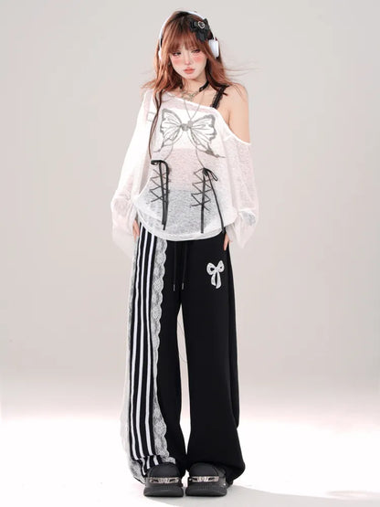 Cut Blokettecore Print Black/White Bowknot Pants Wide-leg