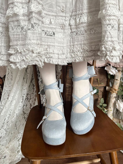 Sweet Accent PU Design Platforms - Blue Wedge Crisscross Lolita Bow