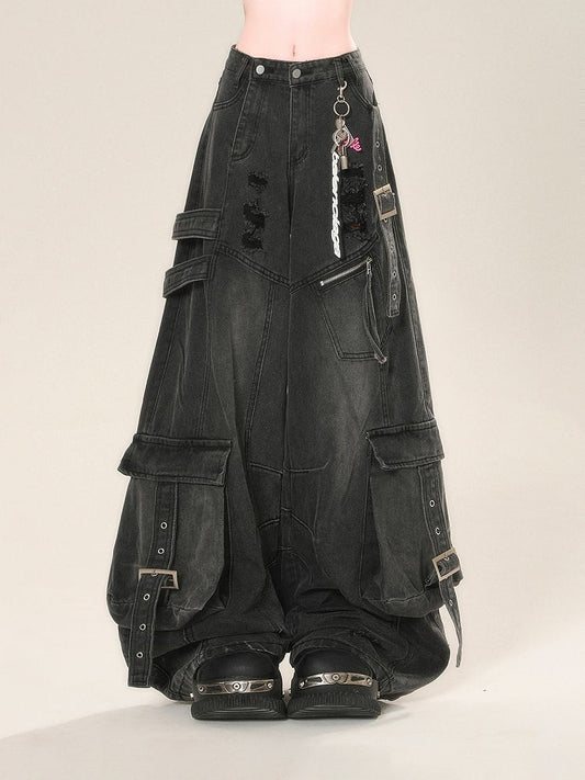 Black Distressed Holes Buckle Wide-Leg Jeans Cargo Pockets Straps