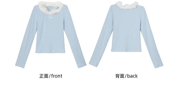 Haut à manches longues et col en peluche bleu avec détails nœud