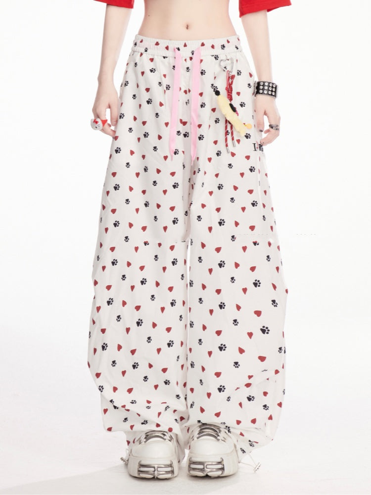 with Charm White Allover Paw Print Drawstring Cuffs Wide-Leg Pants Free