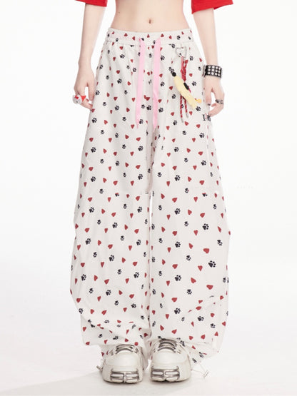 with Charm White Allover Paw Print Drawstring Cuffs Wide-Leg Pants Free