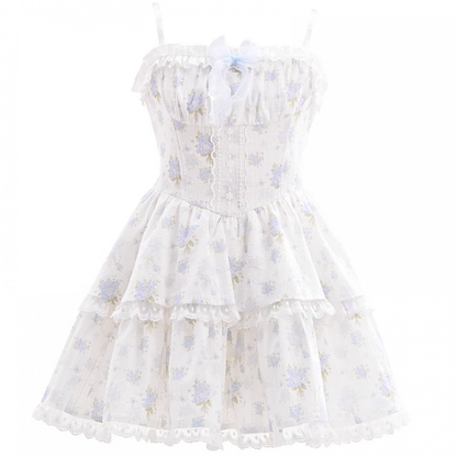 Skirt Short Floral Back Cami Dress Lace-up Version Light Blue Lace Trim Tiered with